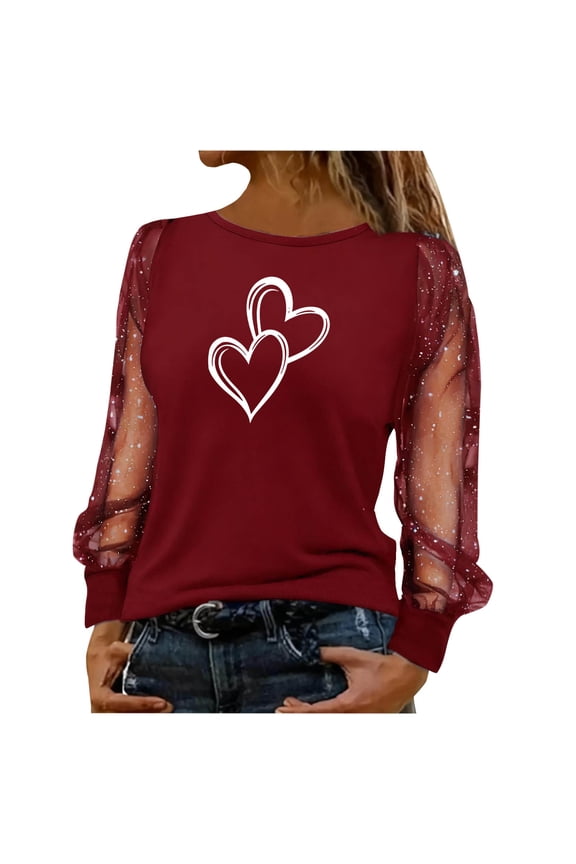 Valentine's Day Tops for Women Trendy Sequin Mesh Sheer Patchwork Heart Print Blouse Long Sleeve Smock Neck Work Business Shirts Red3 Medium