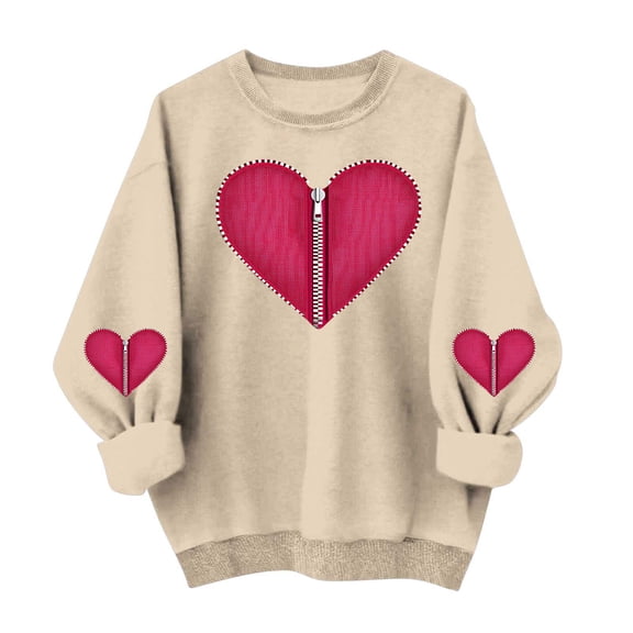 dazeni Valentine's Sweatshirt for Women Cute Love Heart Blouse Casual Long Sleeve Valentine Tshirt Fashion Clothes Tops Khaki X-Large