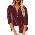 thumbnail image 1 of dazeni Velvet Tops for Women Vintage Long Sleeve Dressy Shirts Fall Lapel Button Down Blouse Tops for Chest Pocket, 1 of 8