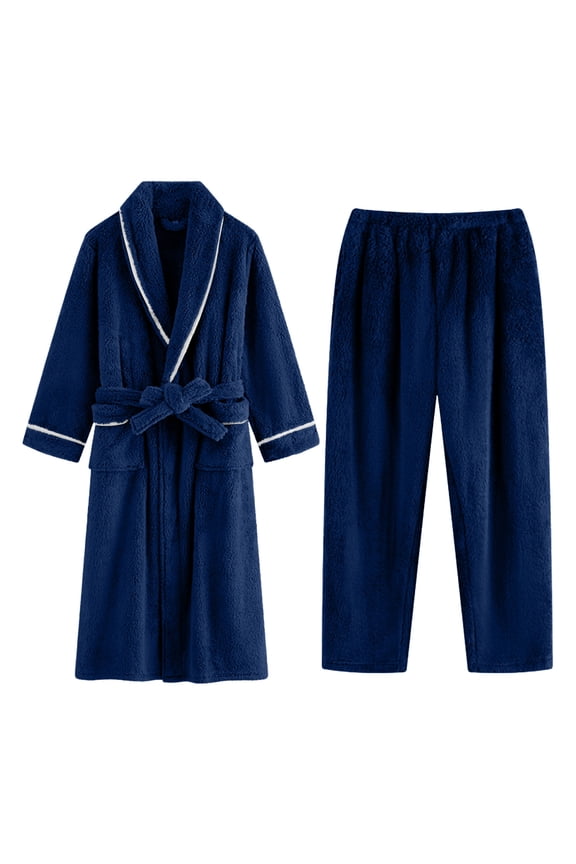 Warm Fleece Robe Sets for Mens Shawl Collar Flannel Robe with Pjs Bottom for Bathroom Cozy Warm Bathrobe Winter Housewear for Adult