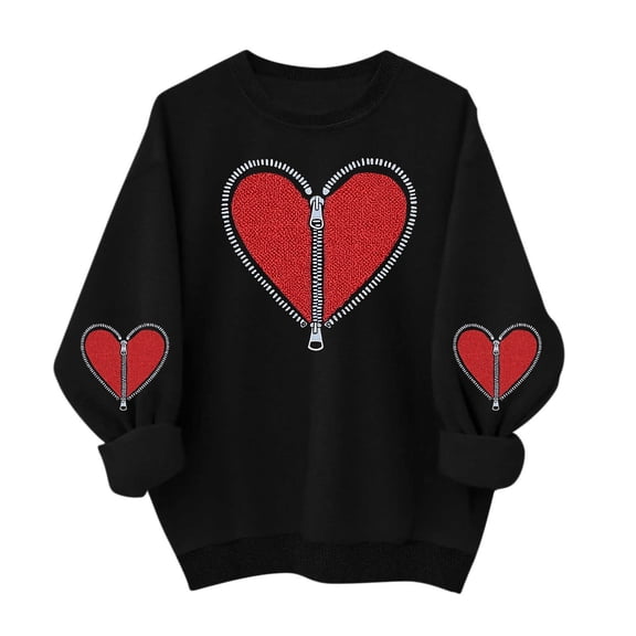 dazeni Women Crewneck Valentine Sweatshirt Love Heart Zip Elbow Patch Shirts Long Sleeve Pullover Tops Gift for Her Black Medium