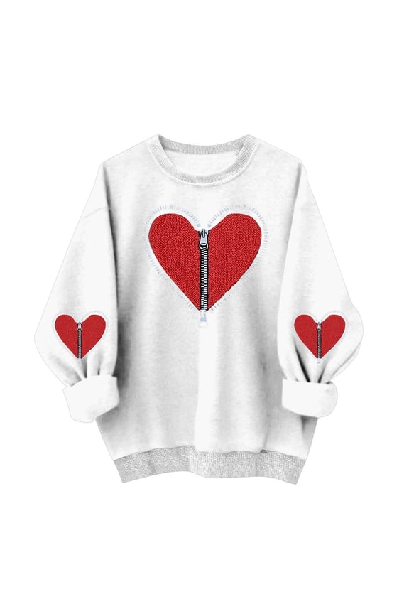 Women Crewneck Valentine Sweatshirt Love Heart Zip Elbow Patch Shirts Long Sleeve Pullover Tops Gift for Her White Small