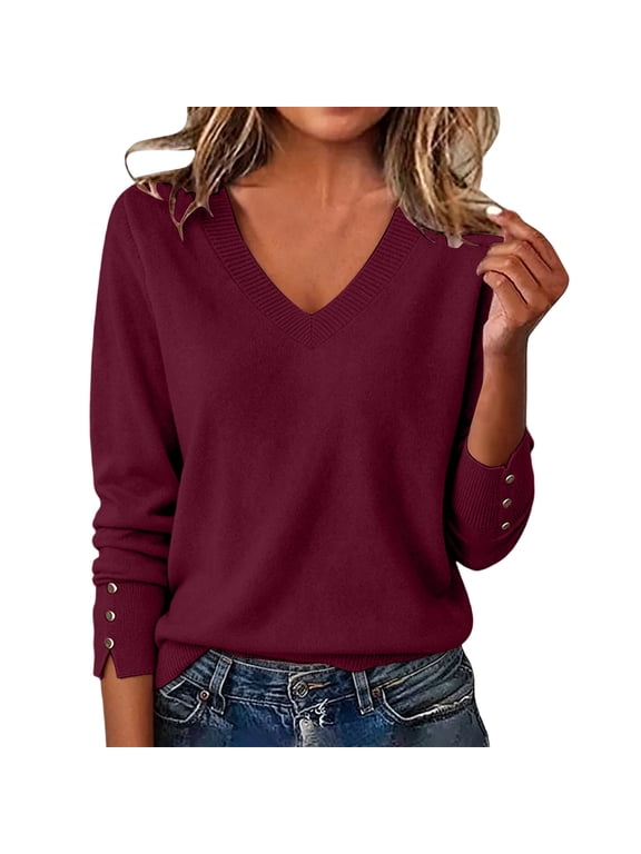 Women Long Sleeve Sweater Smock Cuff V Neck Casual Dressy Blouse Solid Fall Ribbed Knit Pullover Jumper Wine Medium