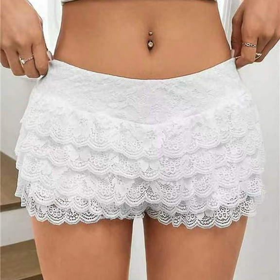 dazeni Women Ruffle Shorts Underwear Lace Layered Pajama Mini Shorts Pumpkin Mesh Micro Pants Boy Bottom Lounge Panties Cute Bottoms Y2K Pettipants Small
