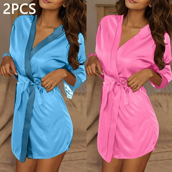 dazeni Women's 2 Pcs Short Robe Silky Satin Robes Comft Pure Color Bathrobe Bridesmaid Bride Party Kimono V-Neck Sleepwear with Belt Hot Pink Free Size