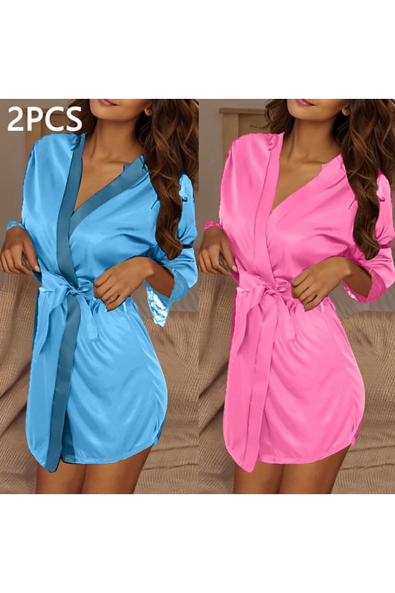 Women's 2 Pcs Short Robe Silky Satin Robes Comft Pure Color Bathrobe Bridesmaid Bride Party Kimono V-Neck Sleepwear with Belt Hot Pink Free Size