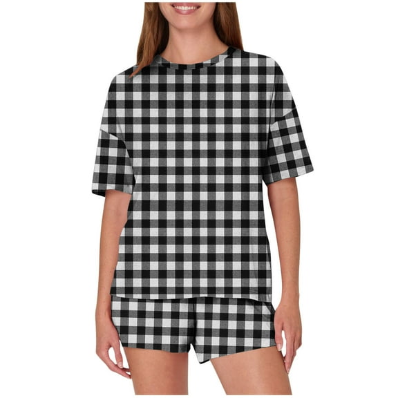 dazeni Women's 2 Piece Pajama Sets Plaid Short Sleeve Lounge Sets Soft Round Neck Top and Shorts Pjs Set Sleepwear Loungewear