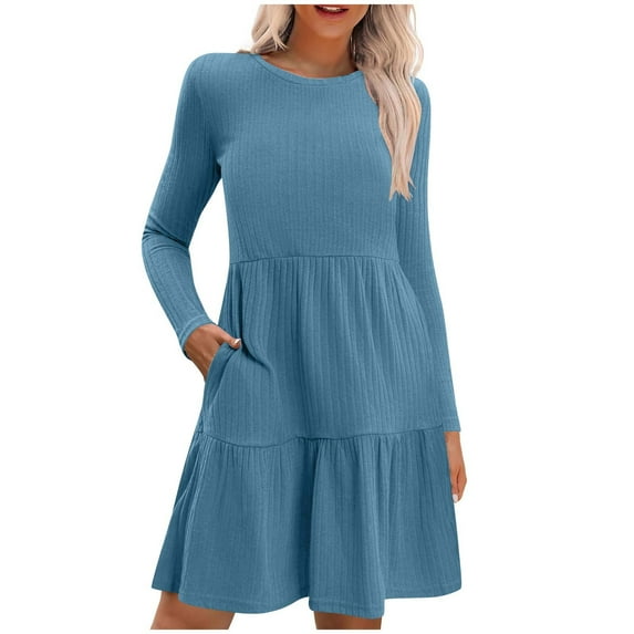 dazeni Women's 2024 Fall Long Sleeve Sweater Dress Double Layer Crewneck Tunic Sweater Dresses with Pockets Casual Empire Waist A Line Swing Knit Midi Dress