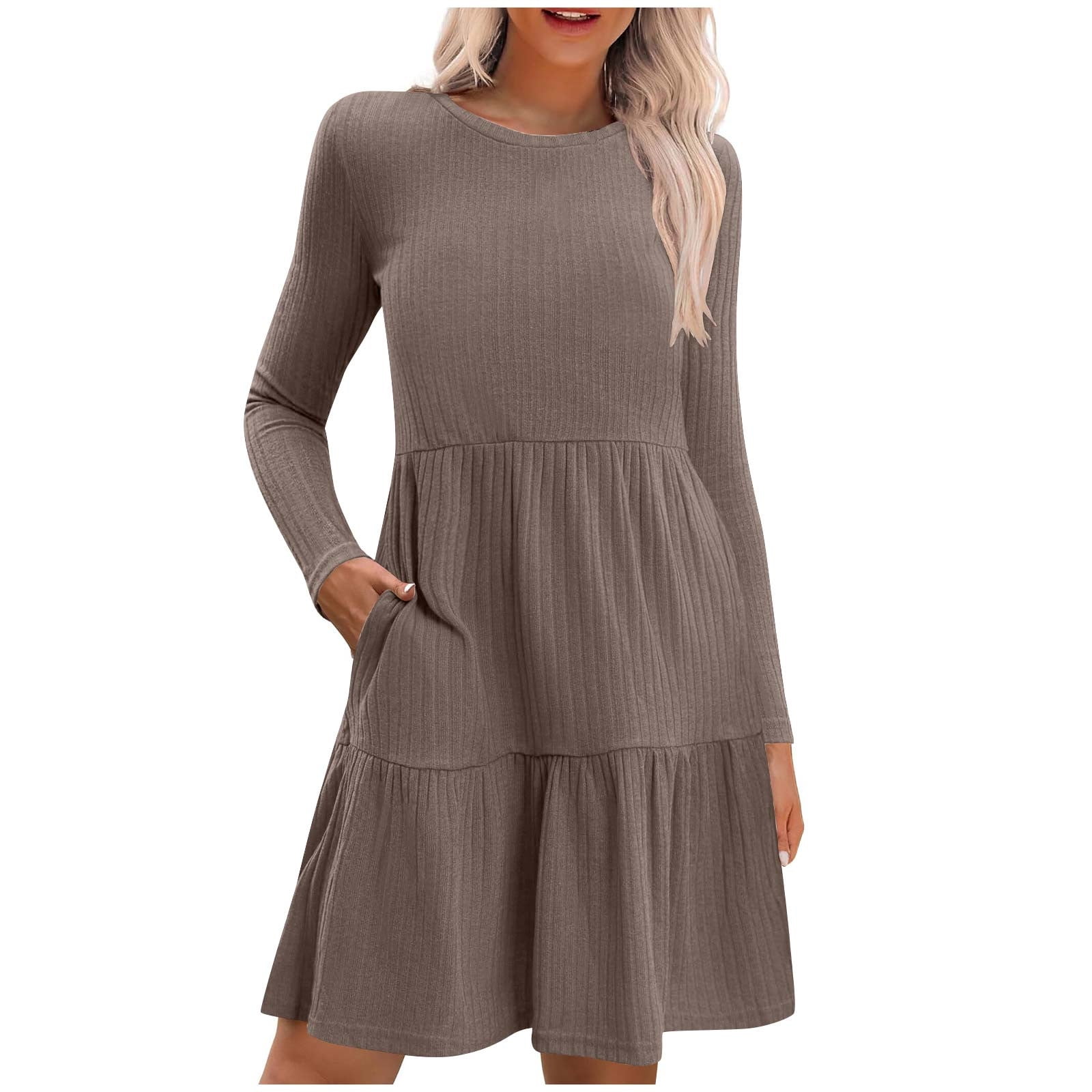 dazeni Women's 2024 Fall Long Sleeve Sweater Dress Double Layer Crewneck  Tunic Sweater Dresses with Pockets Casual Empire Waist A Line Swing Knit  Midi Dress - Walmart.com