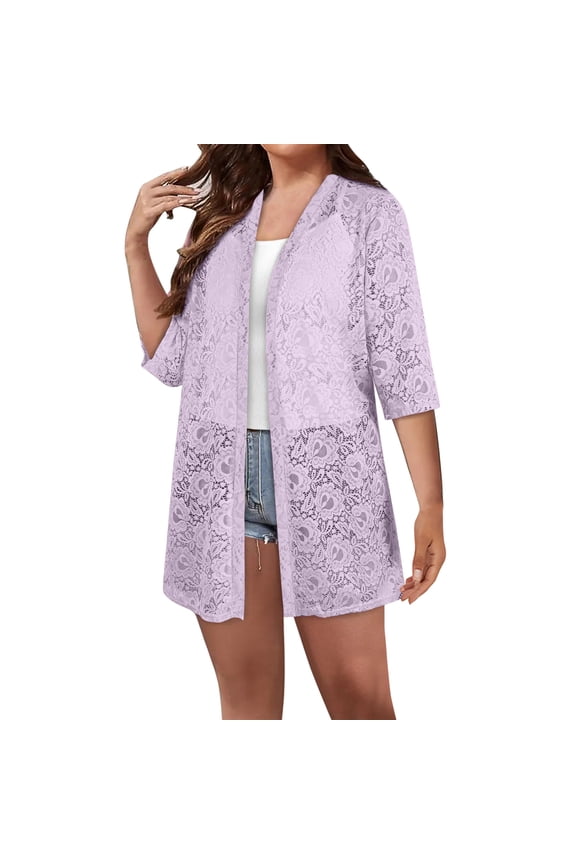 Women's 3/4 Sleeve Bolero Shrugs Cardigans Casual Open Front Floral Lace Cardigan Jackets Lightwieght Sheer Beach Cover up S-2XL