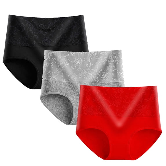 dazeni Women's 3 Pack High Waiste Underwear Fashionable Jacquard Panties Briefs Plus Size Tummy Control Cotton Briefs Ladies Full Coverage Panties Large