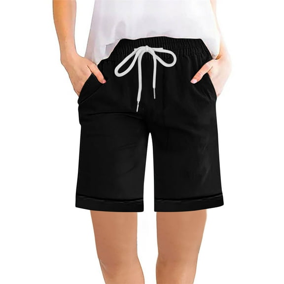 dazeni Women's Bermuda Shorts Casual High-Waisted Drawstring Shorts Loose Loungewear Shorts with Pockets Summer Beach Outfits Black S