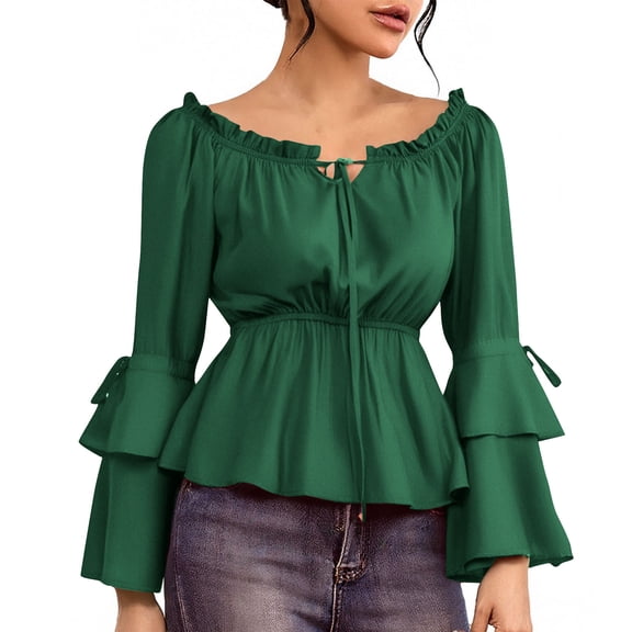 dazeni Women's Boho Vintage Ruffle Off Shoulder Corset Flare Sleeve Blouse Shirt Tops Casual T Shirt Renaissance Pirate Shirt for Ladies Green XL