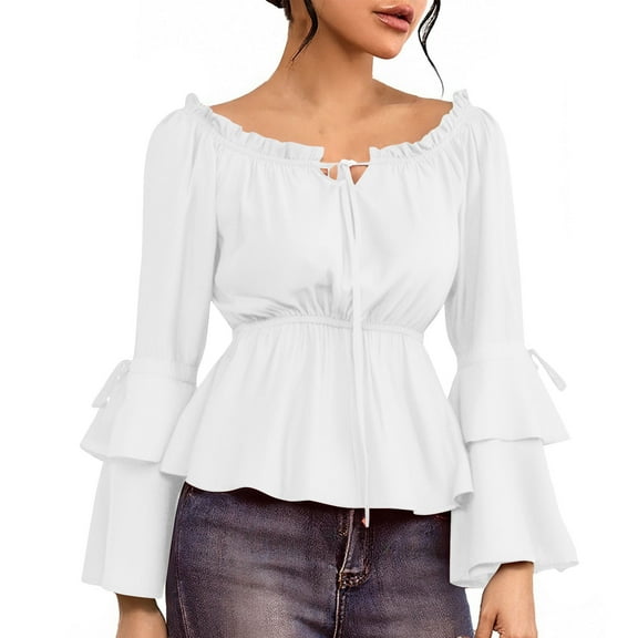 dazeni Women's Boho Vintage Ruffle Off Shoulder Corset Flare Sleeve Blouse Shirt Tops Casual T Shirt Renaissance Pirate Shirt for Ladies White L