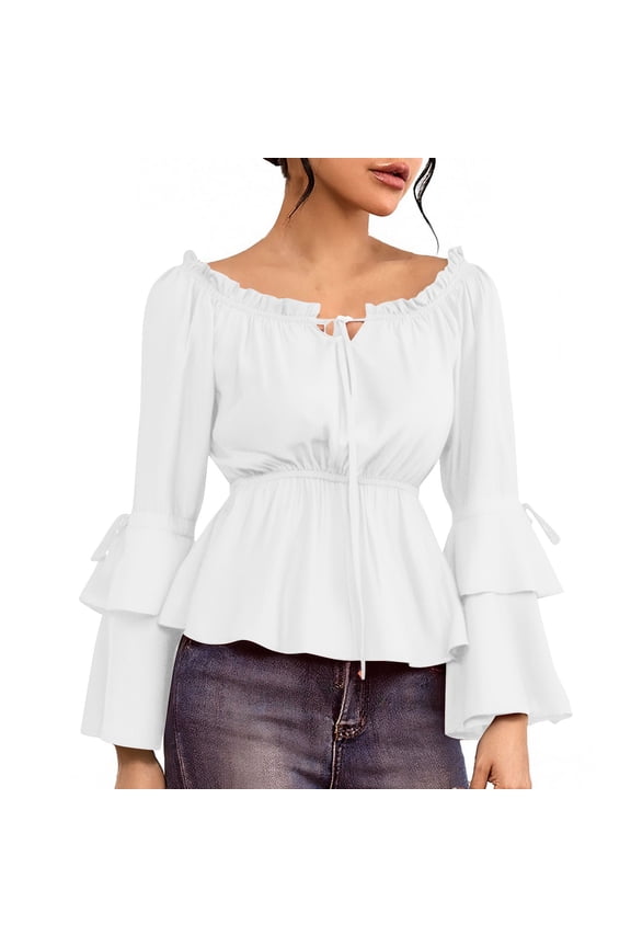 Women's Boho Vintage Ruffle Off Shoulder Corset Flare Sleeve Blouse Shirt Tops Casual T Shirt Renaissance Pirate Shirt for Ladies White S