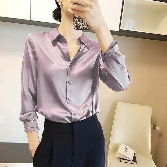 dazeni Women's Button Down Shirts Long Sleeve Basic Classic Soft Shirt Collared Fashion Satin Dressy Casual Business Office Blouse S-3XL
