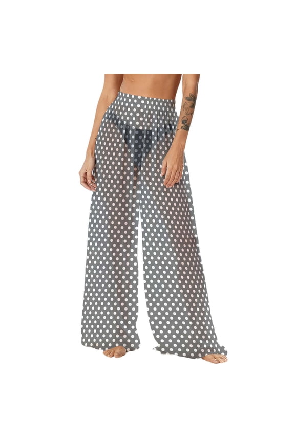 Women's Chiffon Summer Boho Cover up Pants See Through Sun Protection Wide Leg Palazzo Pants High Elastic Waist Flowy Beach Vacation Trousers Gray X-Large