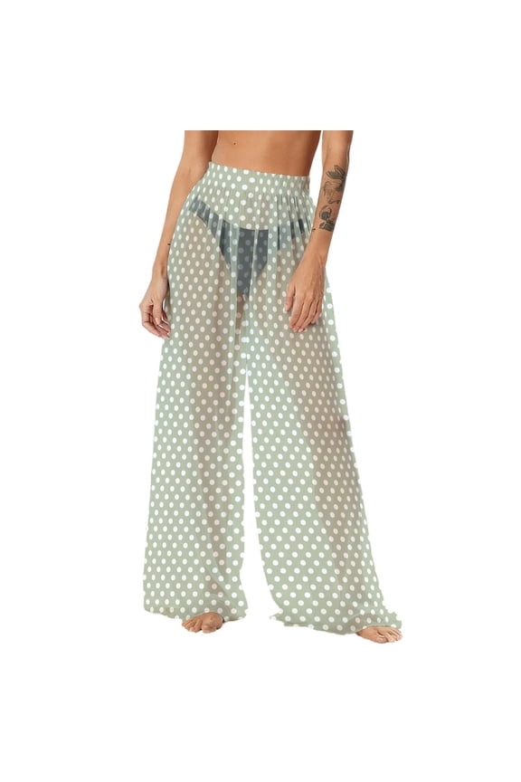 Women's Chiffon Summer Boho Sheer Mesh Coverup s Pants Lightweight See-Through Sun Protection Beach Pants HIgh Waisted Cover Pants Wide Leg Bohemian Style Printed Pants Mint Green X-Large
