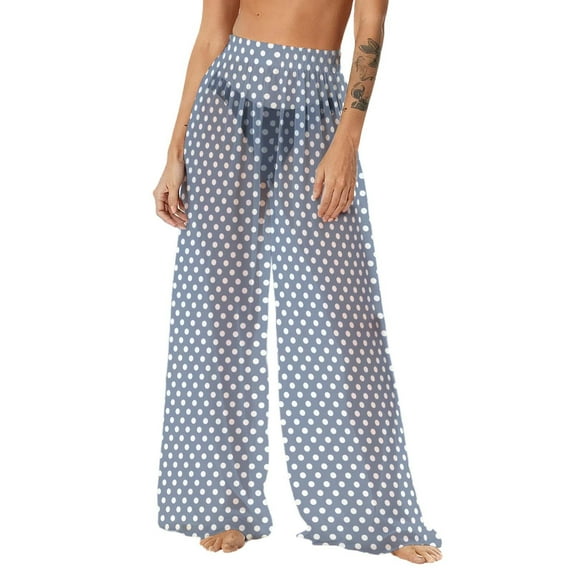 dazeni Women's Chiffon Summer Boho Sheer Mesh Coverup s Pants Lightweight See-Through Sun Protection Beach Pants HIgh Waisted Cover Pants Wide Leg Bohemian Style Printed Pants Gray Small