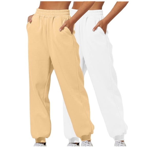 dazeni Women's Cinch Sweatpants for Petite High Waisted Tummy Control Joggers Lightweight Workout Pants with Pockets 2 Pack Fleece Sweatpants White L