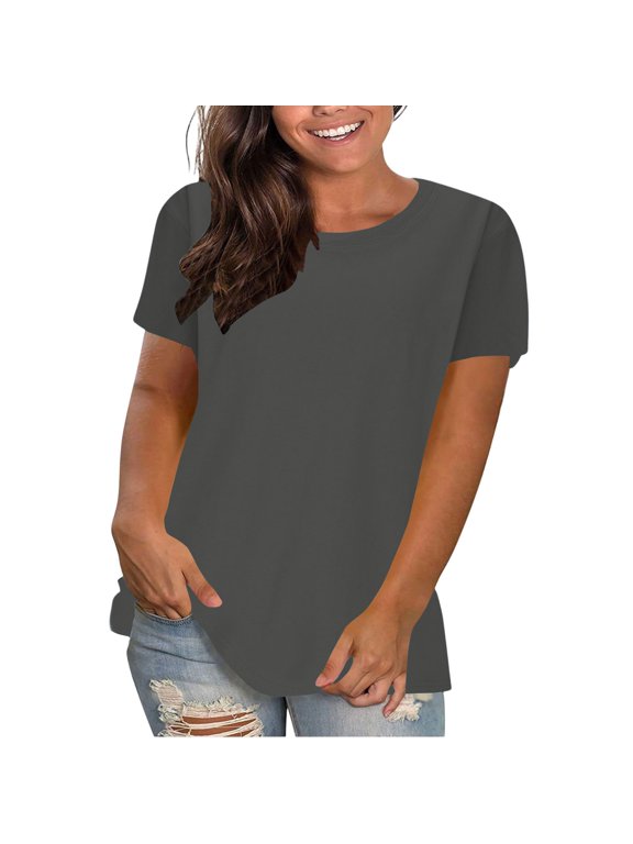Women's Cotton Short Sleeve Tops Loose Fit Tee Solid Casual Basic T Shirts Athletic Workout Yoga Blouse Tops Dark Gray X-Large