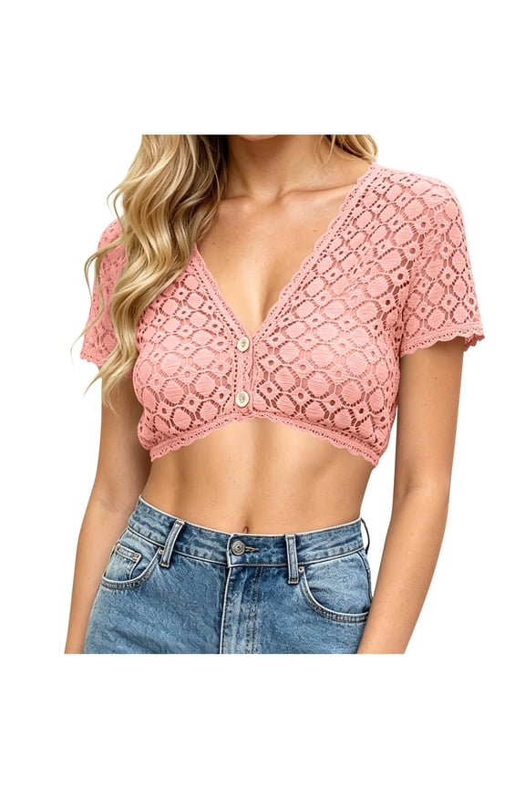 Women's Crochet Lace Crop Top Short Sleeve Button Down Cropped Shirts Y2k V Neck Blouse Rave Tops Pink S