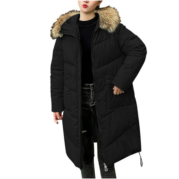 dazeni Women's Down Coats Quilted Padded Snow Parka with Fuzzy Trim Hood Warm Fleece Knee Length Coats Jackets 2024 Winter Fashion Clothes