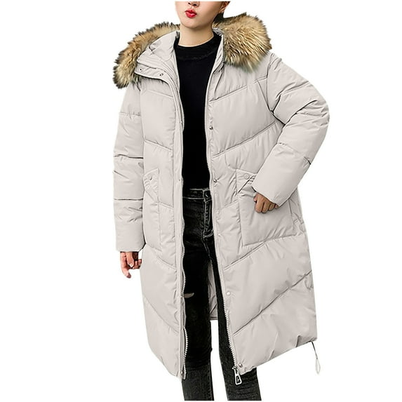dazeni Women's Down Coats Quilted Padded Snow Parka with Fuzzy Trim Hood Warm Fleece Knee Length Coats Jackets 2024 Winter Fashion Clothes