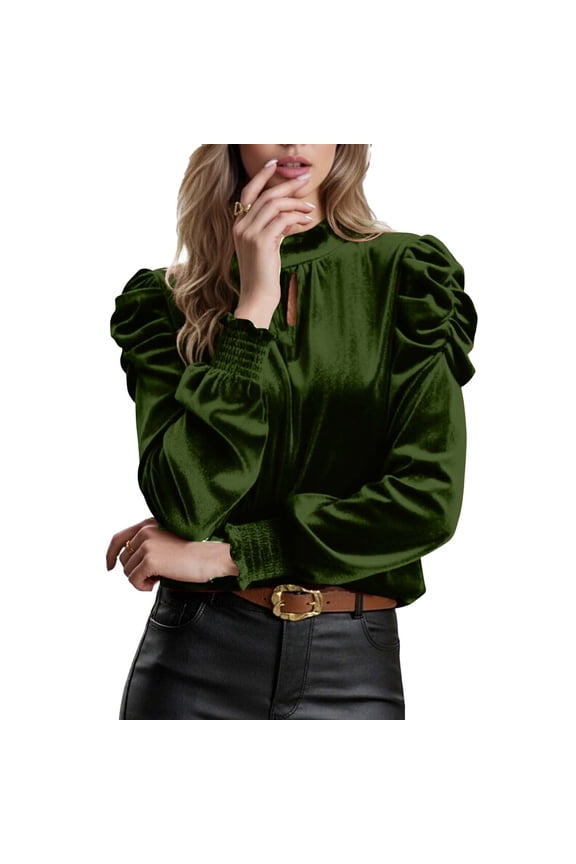 Women's Elegant Puff Long Sleeve Shirts Fashion Pleated Keygole Smock Neck Velvet Tops Soft Casual Work Formal Blouse Y2k Clothes Army Green Medium