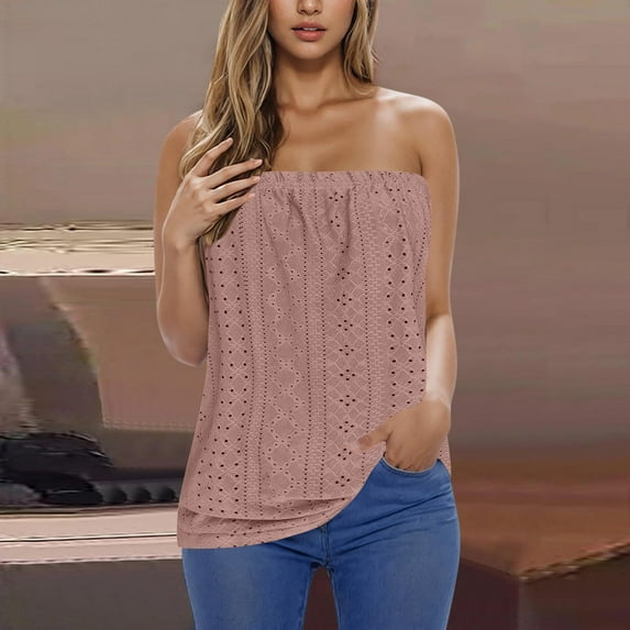 dazeni Women's Eyeley Tube Tops Summer Casual Strapless Bandeau Tank Tops Solid Casual Sleeveless Backless Going out Tops Pink Medium