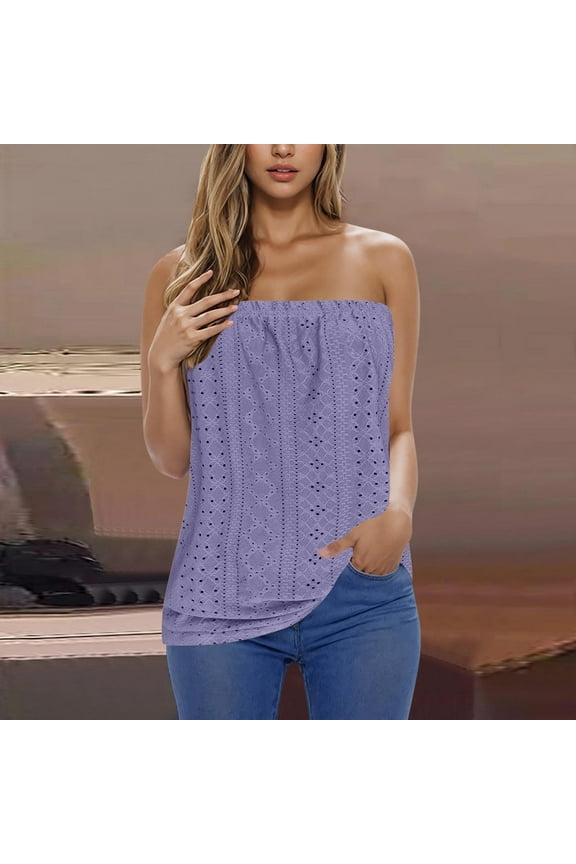 Women's Eyeley Tube Tops Summer Casual Strapless Bandeau Tank Tops Solid Casual Sleeveless Backless Going out Tops Purple Medium