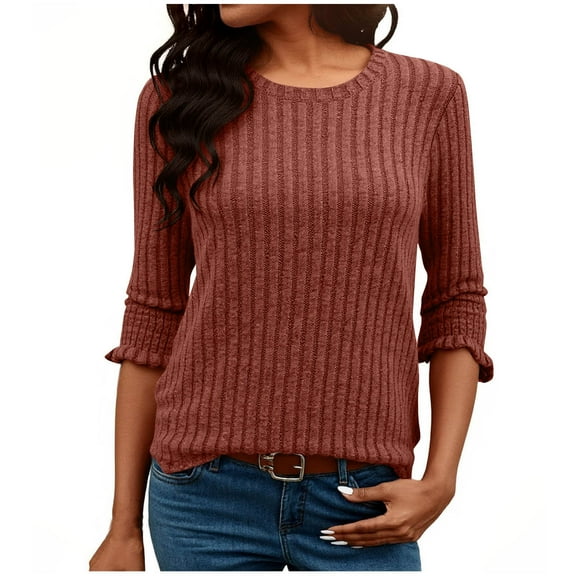 dazeni Women's Fall Tops 3/4 Length Sleeve Tops Solid Ribbed Knit Crewneck Sweater Fahion Casual Flare Sleeve Pullover Tops