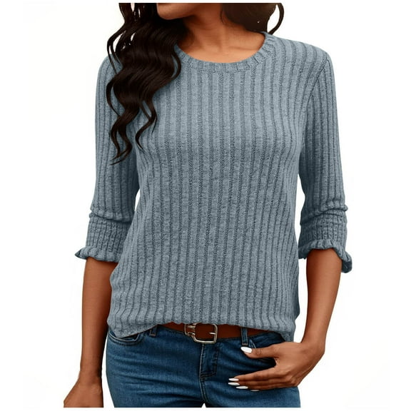 dazeni Women's Fall Tops 3/4 Length Sleeve Tops Solid Ribbed Knit Crewneck Sweater Fahion Casual Flare Sleeve Pullover Tops