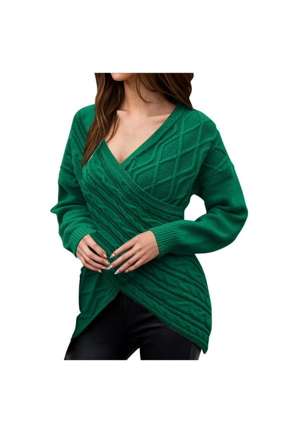 Women's Fashion Criss Cross Pullover Sweater V Neck Long Sleeve Sweaters Casual Front Slit Cable Knit Tops Ribbed Knit Jumper Tops Y2k Clothes