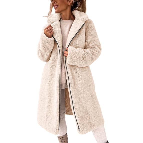 dazeni Women's Fuzzy Fleece Zip up Jackets Fluzzy Plush Lapel Long Sleeve Cardigan Coat Mid Length Winter Warm Coat Beige Large