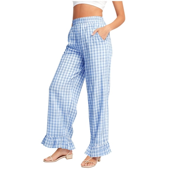 dazeni Women's Gingham Pants Y2K Wide Leg Ruffle Hem Palazzo Pants Plaid Elastic Wasited Trouser with Pockets Light Blue X-Large