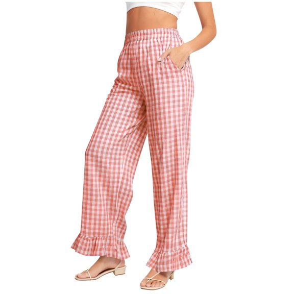dazeni Women's Gingham Pants Y2K Wide Leg Ruffle Hem Palazzo Pants Plaid Elastic Wasited Trouser with Pockets Pink Small