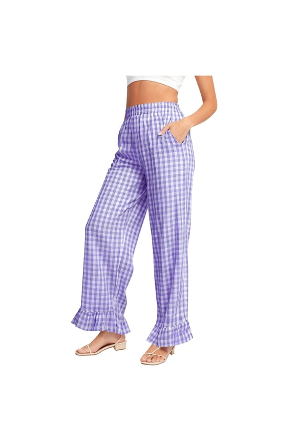Women's Gingham Pants Y2K Wide Leg Ruffle Hem Palazzo Pants Plaid Elastic Wasited Trouser with Pockets Purple Large