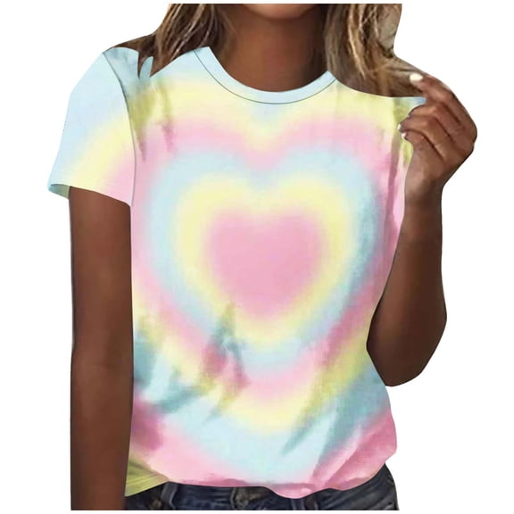 dazeni Women's Heart Graphic Short Sleeve T Shirts Tie Dye Crewneck Tops Loose Casual Blouse Summer Vacation Beach Tee Yellow M