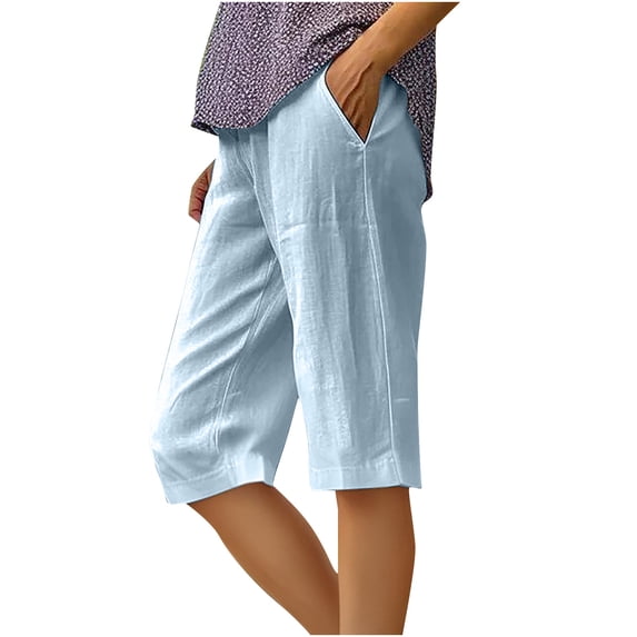 dazeni Women's High Waisted Cotton Linen Shorts Long Bermuda Gym Yoga Shorts with Pockets Loose Casual Straight Leg Drawstring Athletic Running Shorts Blue M