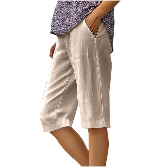 dazeni Women's High Waisted Cotton Linen Shorts Long Bermuda Gym Yoga Shorts with Pockets Loose Casual Straight Leg Drawstring Athletic Running Shorts Khaki XL
