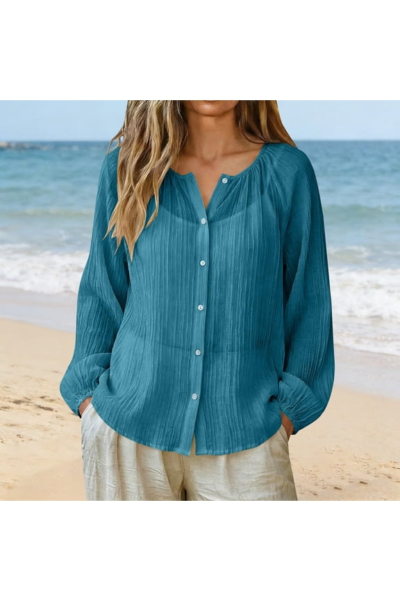 Women's Lightwieght Long Sleeve Sun Shirts Loose Fit UPF 50 + Button Down Shirts Summer Beach Coverup Tops Blue XX-Large