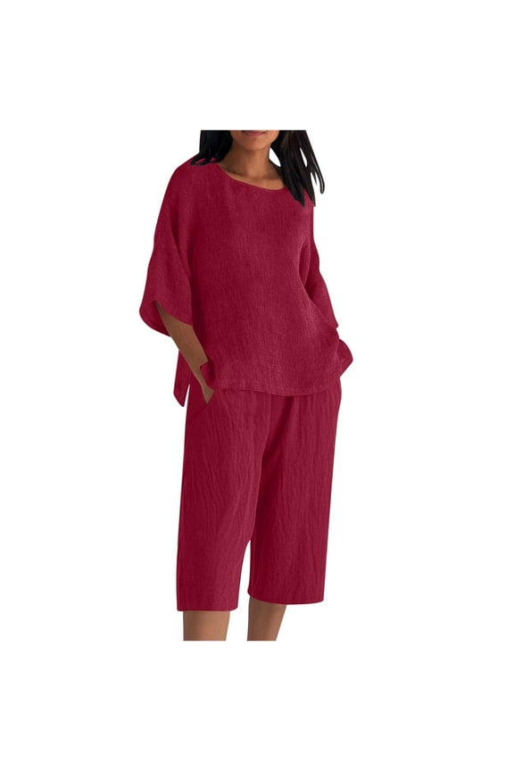 Women's Linen 2 Piece Outfits Loose Casual Lounge Set with Side Slite Tunic Tops and Capris 3/4 Sleeve Pajamas Sets