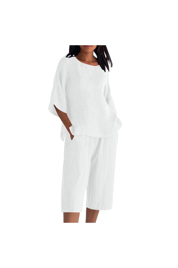 Women's Linen 2 Piece Outfits Loose Casual Lounge Set with Side Slite Tunic Tops and Capris 3/4 Sleeve Pajamas Sets
