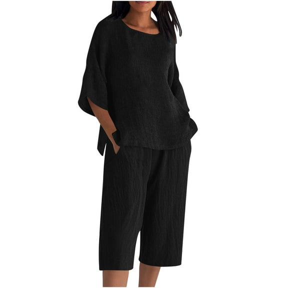 dazeni Women's Linen 2 Piece Outfits Loose Casual Lounge Set with Side Slite Tunic Tops and Capris 3/4 Sleeve Pajamas Sets