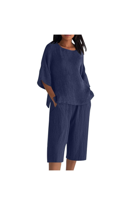 Women's Linen 2 Piece Outfits Loose Casual Lounge Set with Side Slite Tunic Tops and Capris 3/4 Sleeve Pajamas Sets