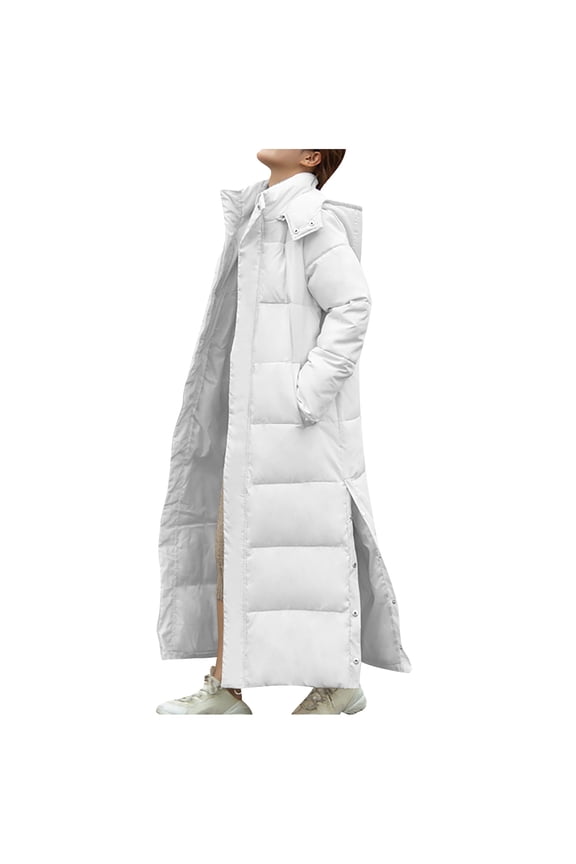 Women's Long Down Jacket Hooded Thickened Maxi Parka Puffer Coat Full Zip Quilted Outerwear with Side Button Hem