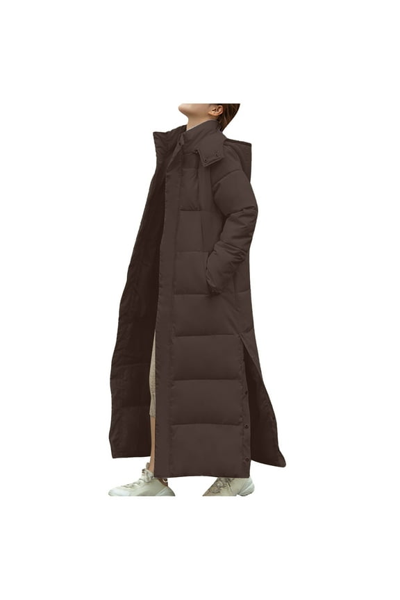 Women's Long Down Jacket Hooded Thickened Maxi Parka Puffer Coat Full Zip Quilted Outerwear with Side Button Hem
