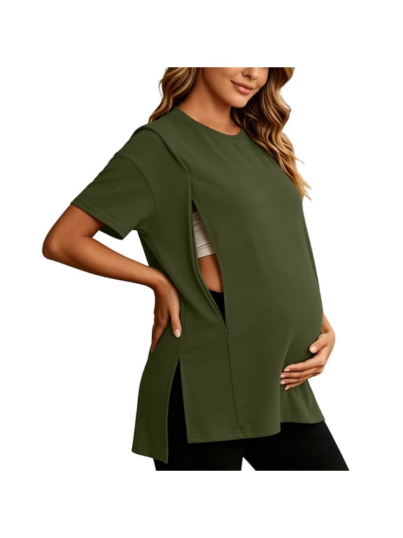 Women's Maternity T Shirts Side Zip Nursing Tops for Breastfeeding Short Sleeve Split Hem Pregnancy Tee Loose Casual Crewneck Maternity Clothes Army Green Small