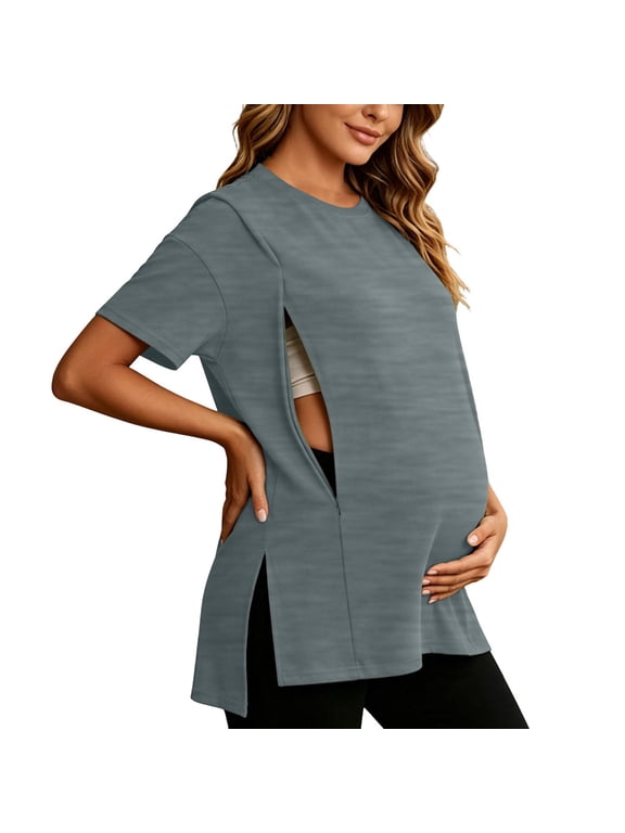 Women's Maternity T Shirts Side Zip Nursing Tops for Breastfeeding Short Sleeve Split Hem Pregnancy Tee Loose Casual Crewneck Maternity Clothes Gray 4X-Large